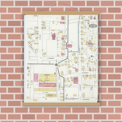 Old map wall art mockup — magnetic wood frame on brick wall — Sanborn Fire Insurance Map from Germantown, Montgomery County, Ohio (1921), Sheet #0006
