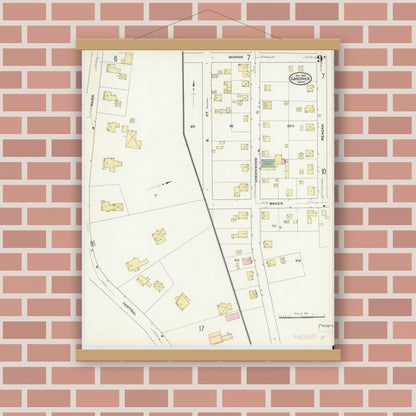 Old map wall art mockup — magnetic wood frame on brick wall — Sanborn Fire Insurance Map from Gardner, Worcester County, Massachusetts (1909), Sheet #0009