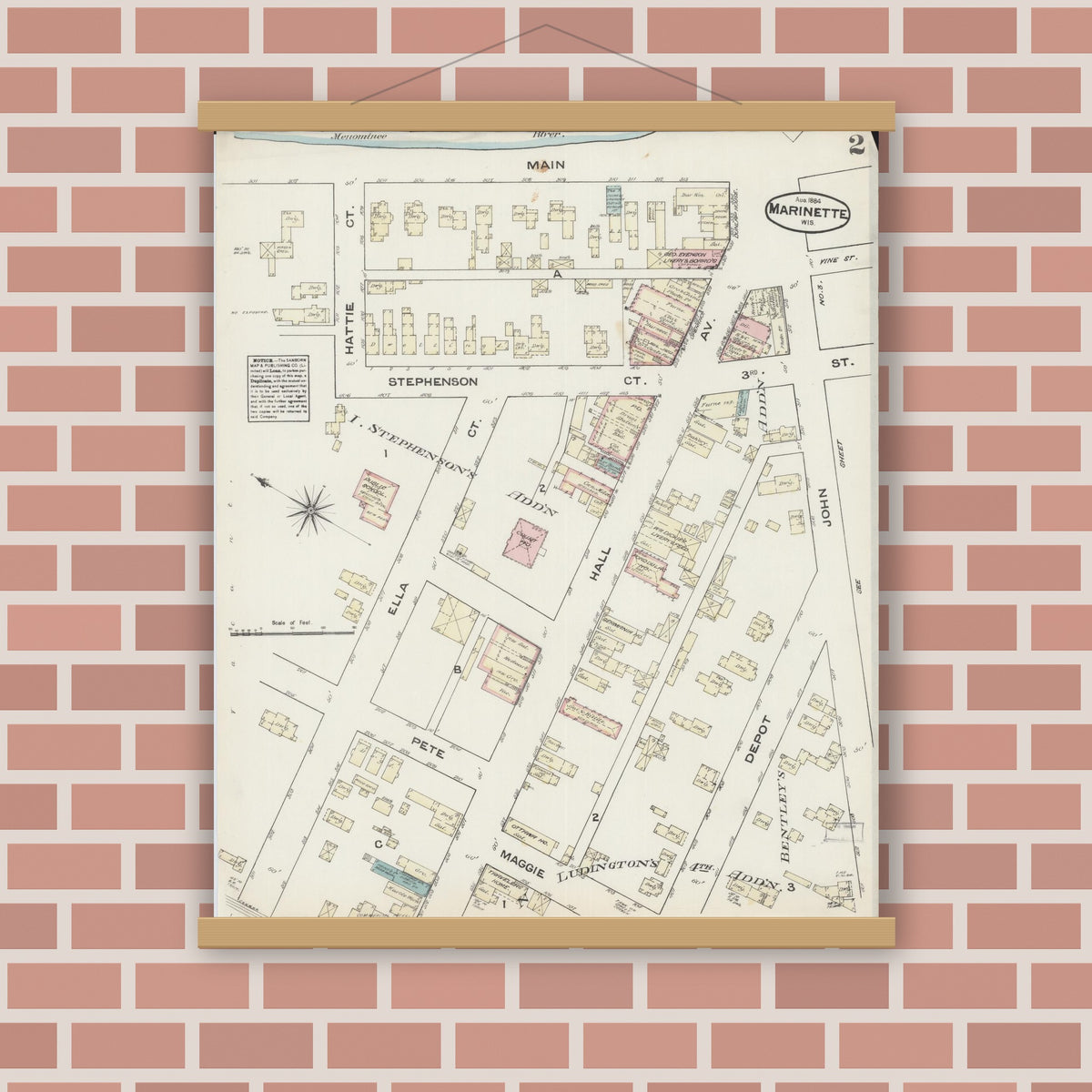 Old map wall art mockup — magnetic wood frame on brick wall — Sanborn Fire Insurance Map from Marinette, Marinette County, Wisconsin (1884), Sheet #0002