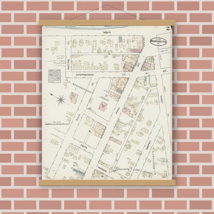 Old map wall art mockup — magnetic wood frame on brick wall — Sanborn Fire Insurance Map from Marinette, Marinette County, Wisconsin (1884), Sheet #0002