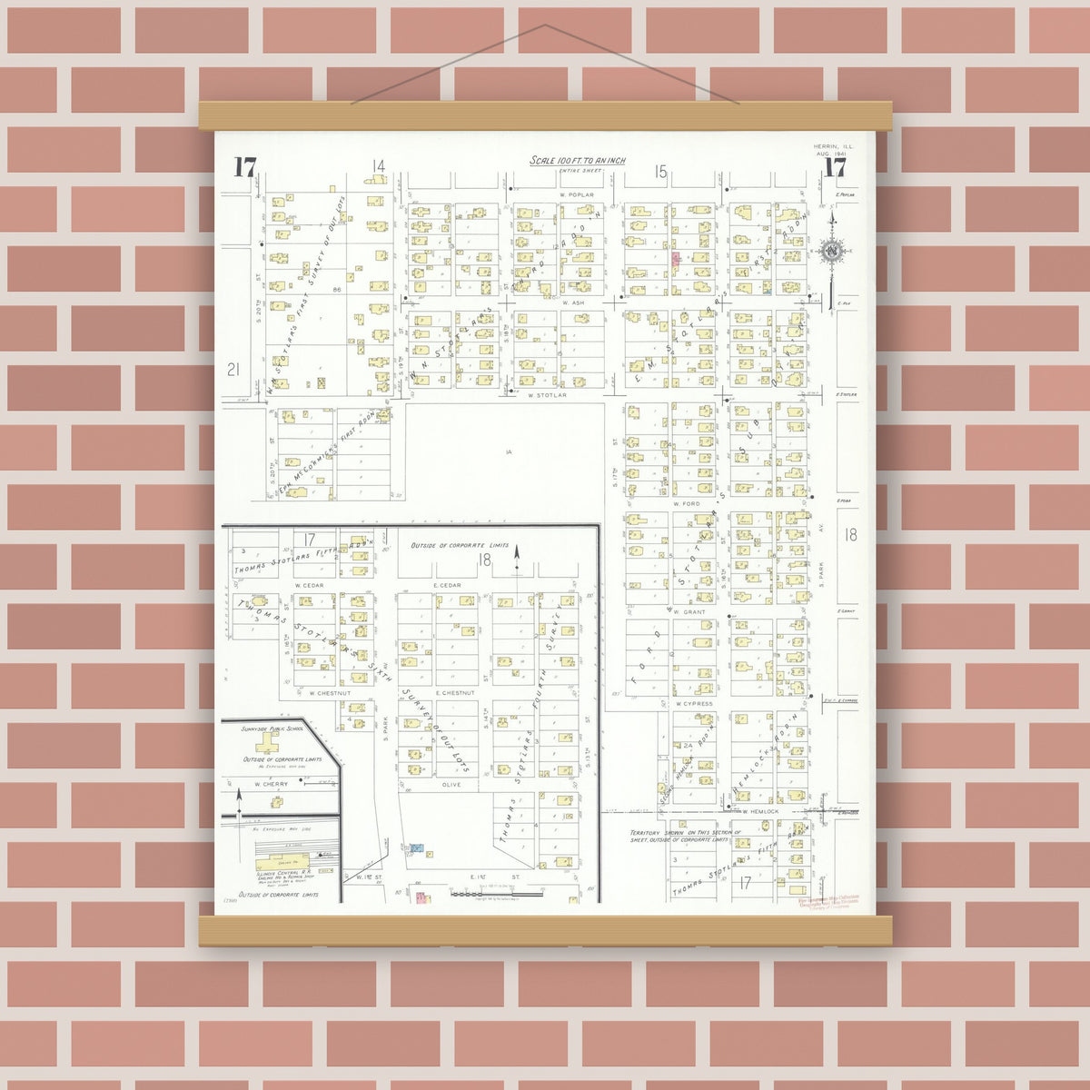 Old map wall art mockup — magnetic wood frame on brick wall — Sanborn Fire Insurance Map from Herrin, Williamson County, Illinois (1941), Sheet #0017