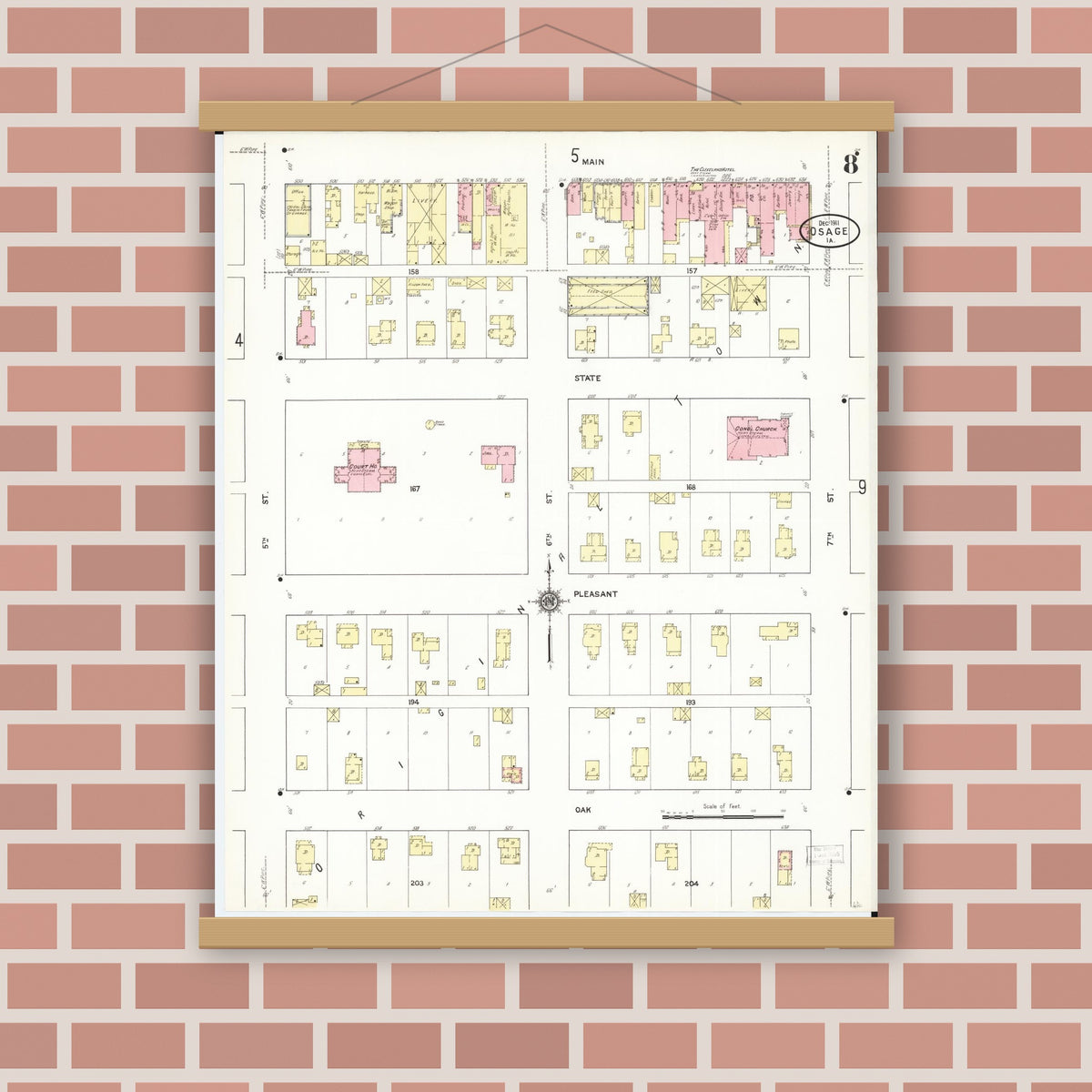 Old map wall art mockup — magnetic wood frame on brick wall — Sanborn Fire Insurance Map from Osage, Mitchell County, Iowa (1911), Sheet #0008