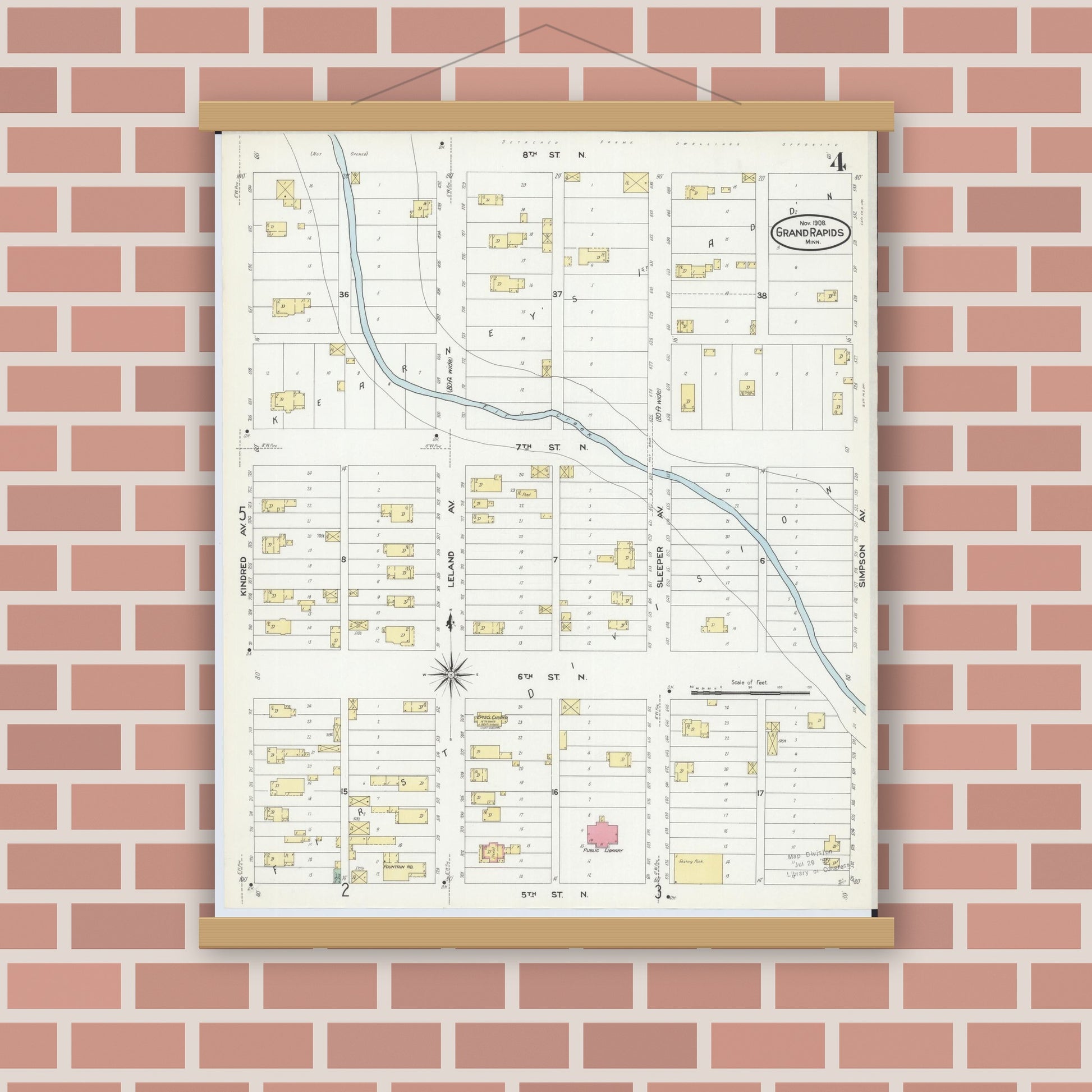 Old map wall art mockup — magnetic wood frame on brick wall — Sanborn Fire Insurance Map from Grand Rapids, Itasca County, Minnesota (1908), Sheet #0004