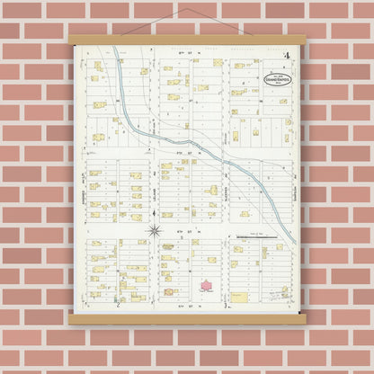 Old map wall art mockup — magnetic wood frame on brick wall — Sanborn Fire Insurance Map from Grand Rapids, Itasca County, Minnesota (1908), Sheet #0004