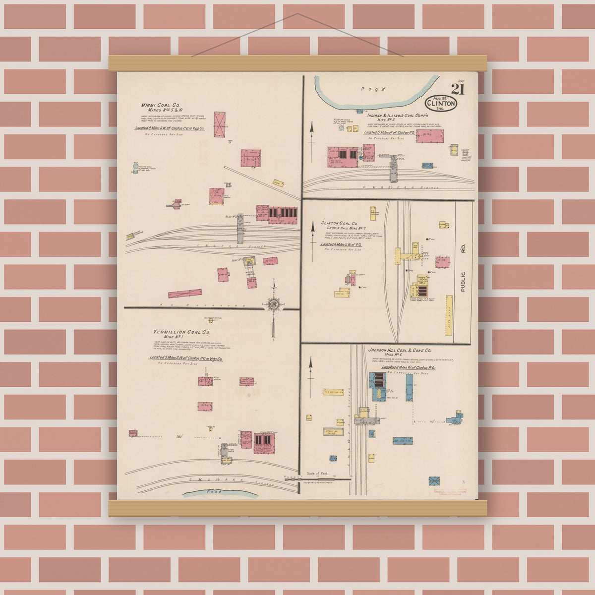 Old map wall art mockup — magnetic wood frame on brick wall — Sanborn Fire Insurance Map from Clinton, Vermillion County, Indiana (1921), Sheet #0021
