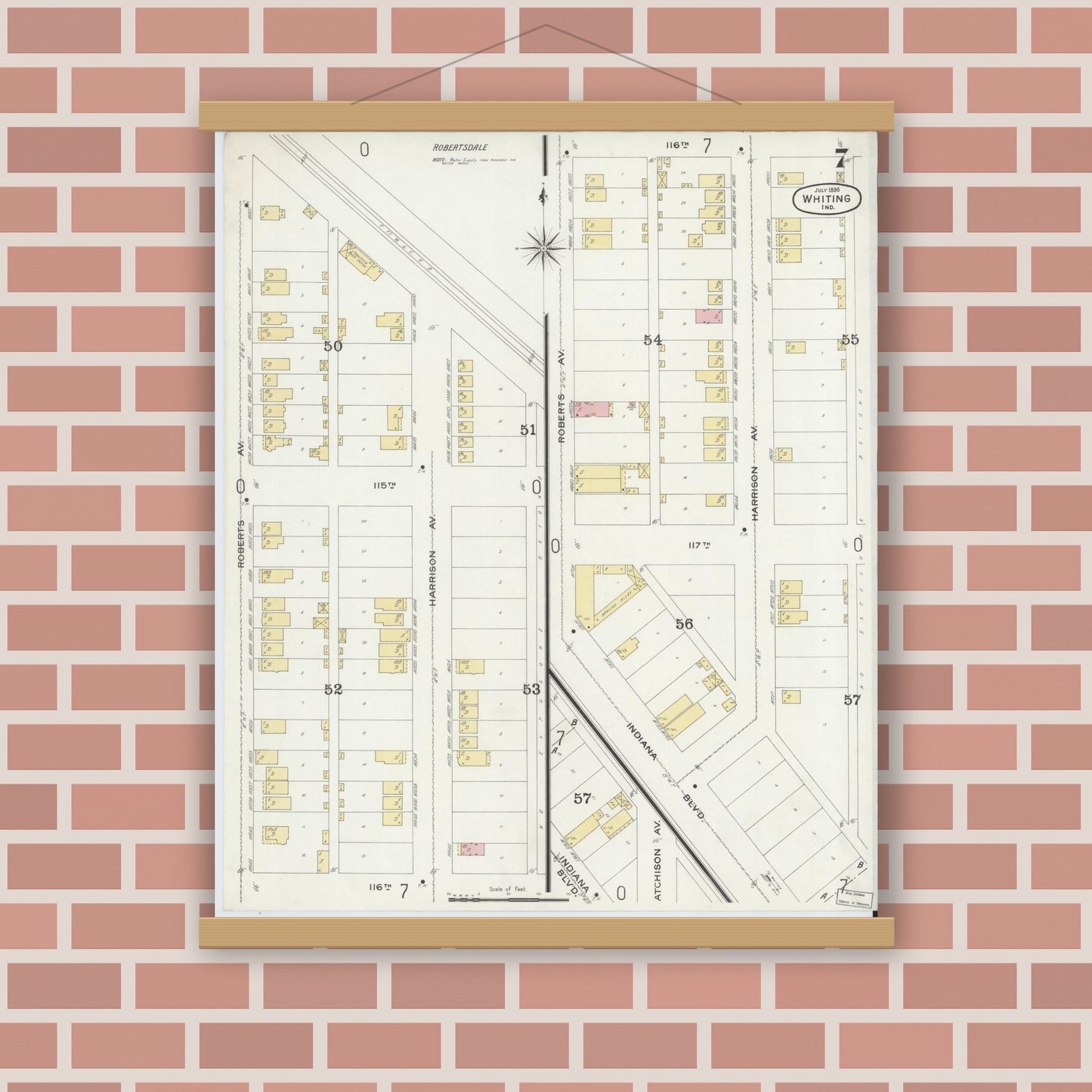 Old map wall art mockup — magnetic wood frame on brick wall — Sanborn Fire Insurance Map from Whiting, Lake County, Indiana (1896), Sheet #0007