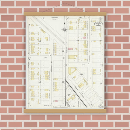 Old map wall art mockup — magnetic wood frame on brick wall — Sanborn Fire Insurance Map from Whiting, Lake County, Indiana (1896), Sheet #0007