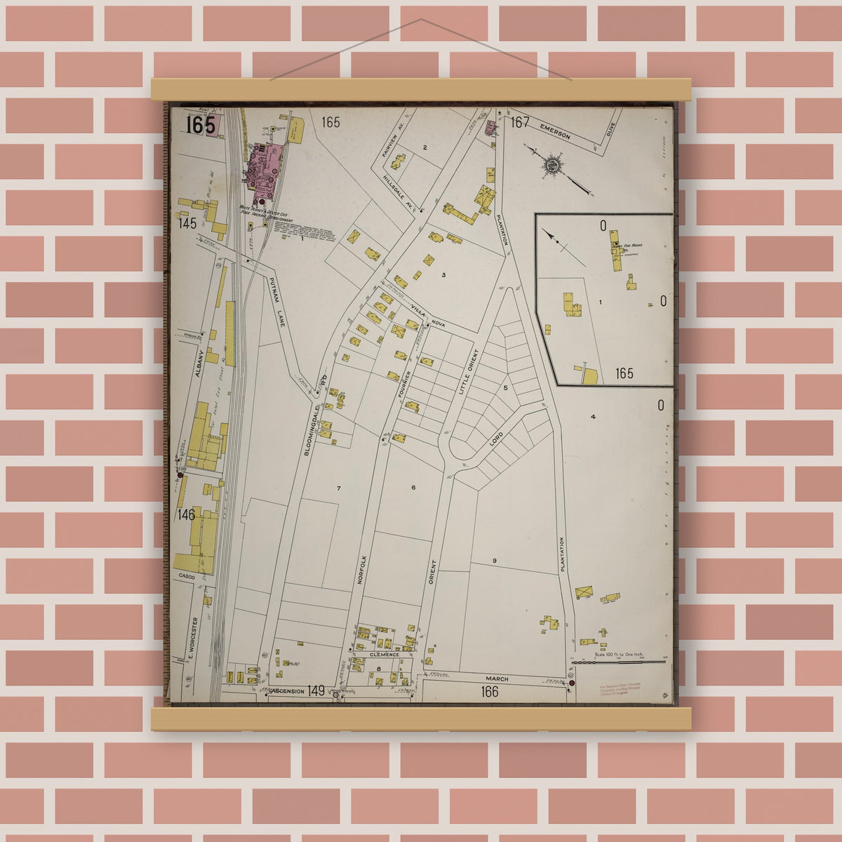Old map wall art mockup — magnetic wood frame on brick wall — Sanborn Fire Insurance Map from Worcester, Worcester County, Massachusetts (1910), Sheet #0165
