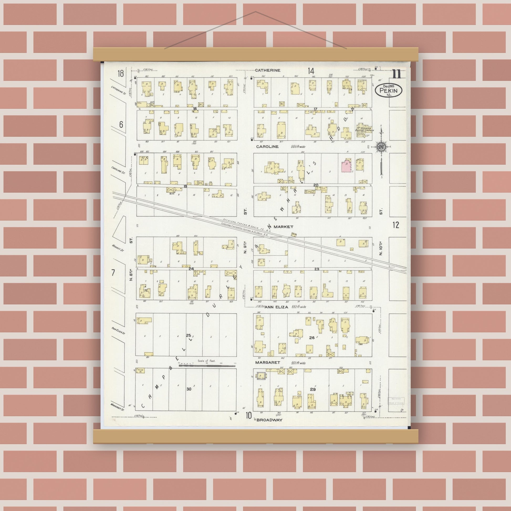 Old map wall art mockup — magnetic wood frame on brick wall — Sanborn Fire Insurance Map from Pekin, Tazewell County, Illinois (1909), Sheet #0011