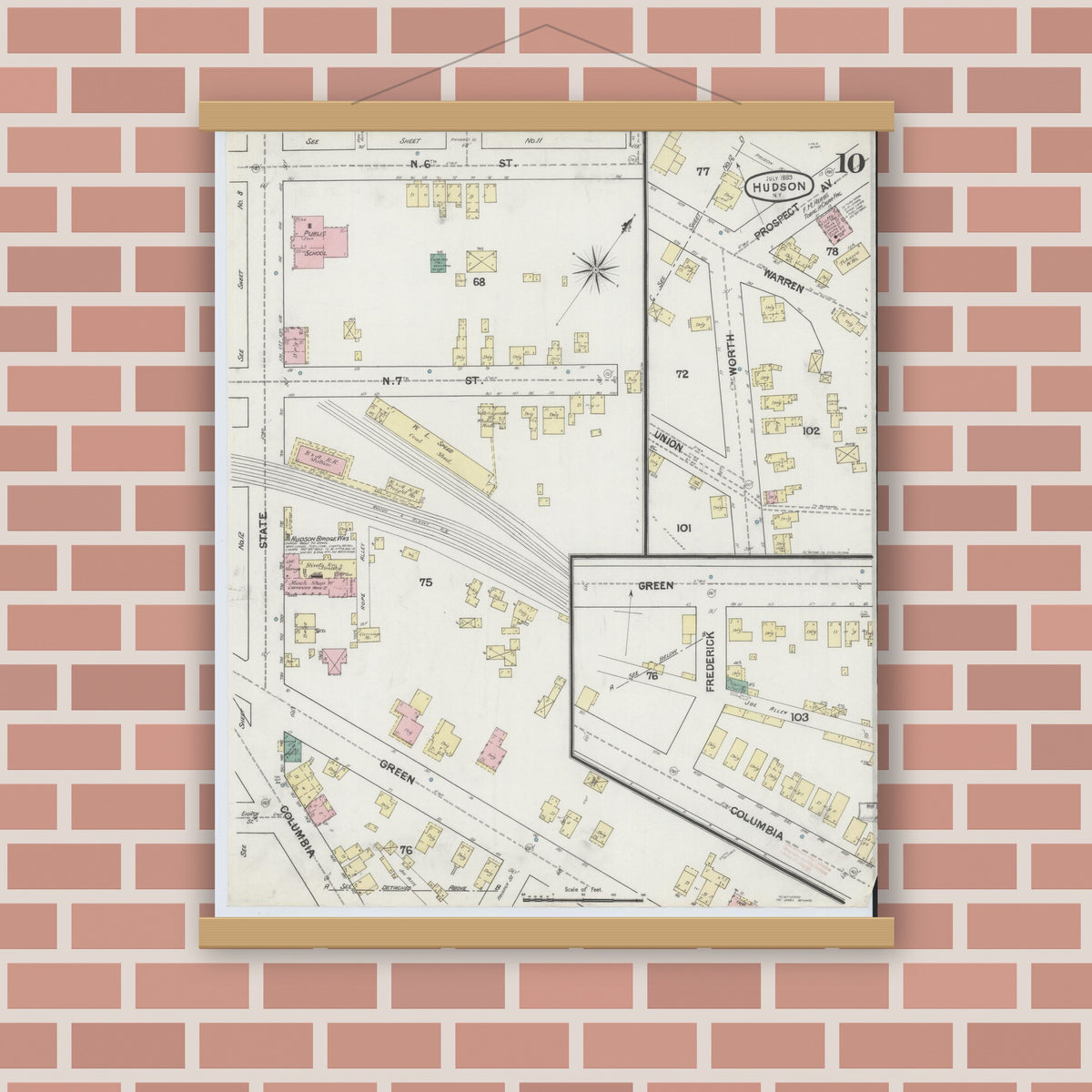 Old map wall art mockup — magnetic wood frame on brick wall — Sanborn Fire Insurance Map from Hudson, Columbia County, New York (1889), Sheet #0010