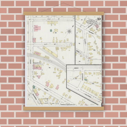 Old map wall art mockup — magnetic wood frame on brick wall — Sanborn Fire Insurance Map from Hudson, Columbia County, New York (1889), Sheet #0010