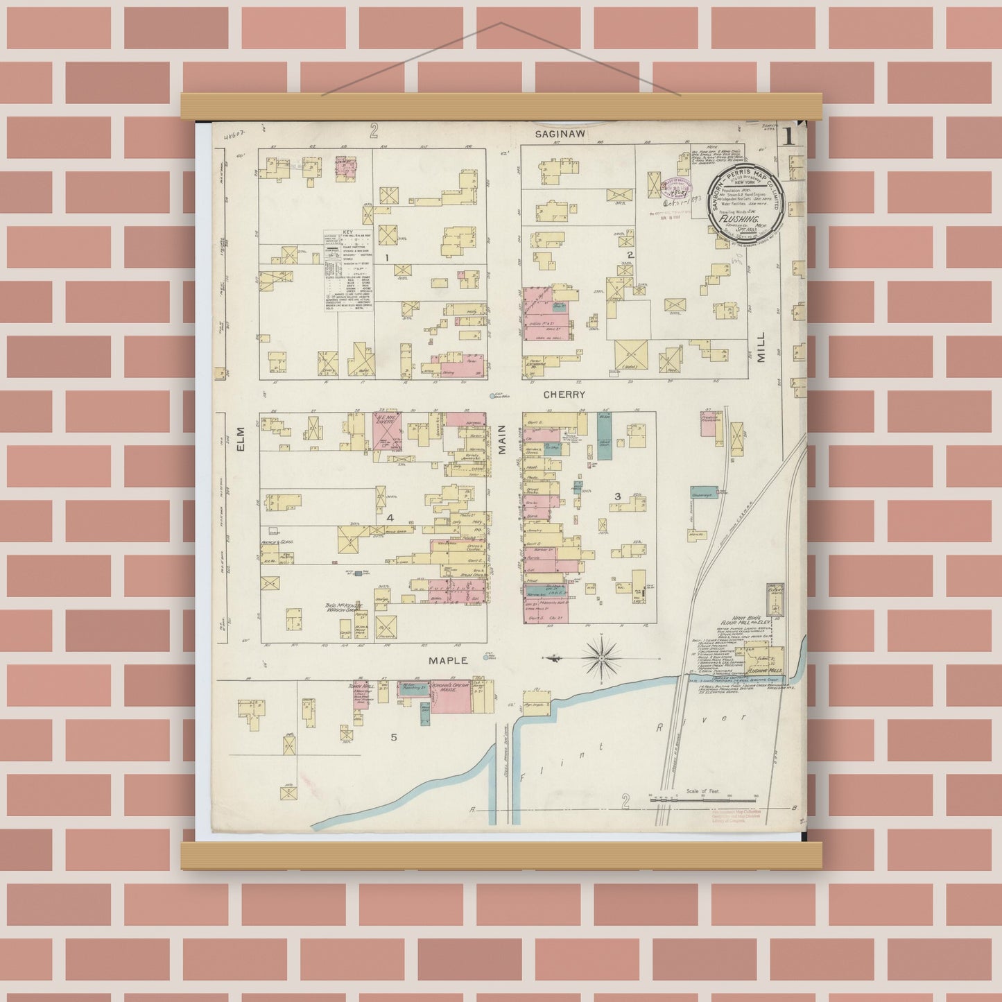 Old map wall art mockup — magnetic wood frame on brick wall — Sanborn Fire Insurance Map from Flushing, Genesee County, Michigan (1893) - Complete Map Set