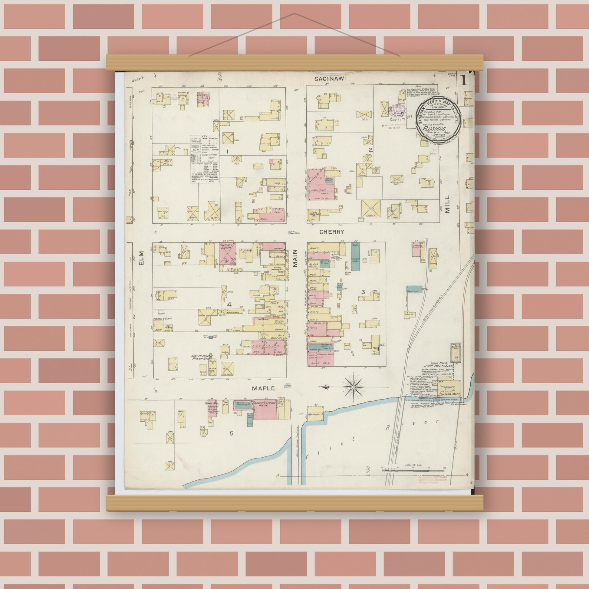 Old map wall art mockup — magnetic wood frame on brick wall — Sanborn Fire Insurance Map from Flushing, Genesee County, Michigan (1893) - Complete Map Set