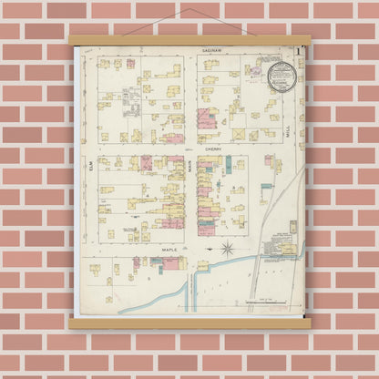 Old map wall art mockup — magnetic wood frame on brick wall — Sanborn Fire Insurance Map from Flushing, Genesee County, Michigan (1893) - Complete Map Set