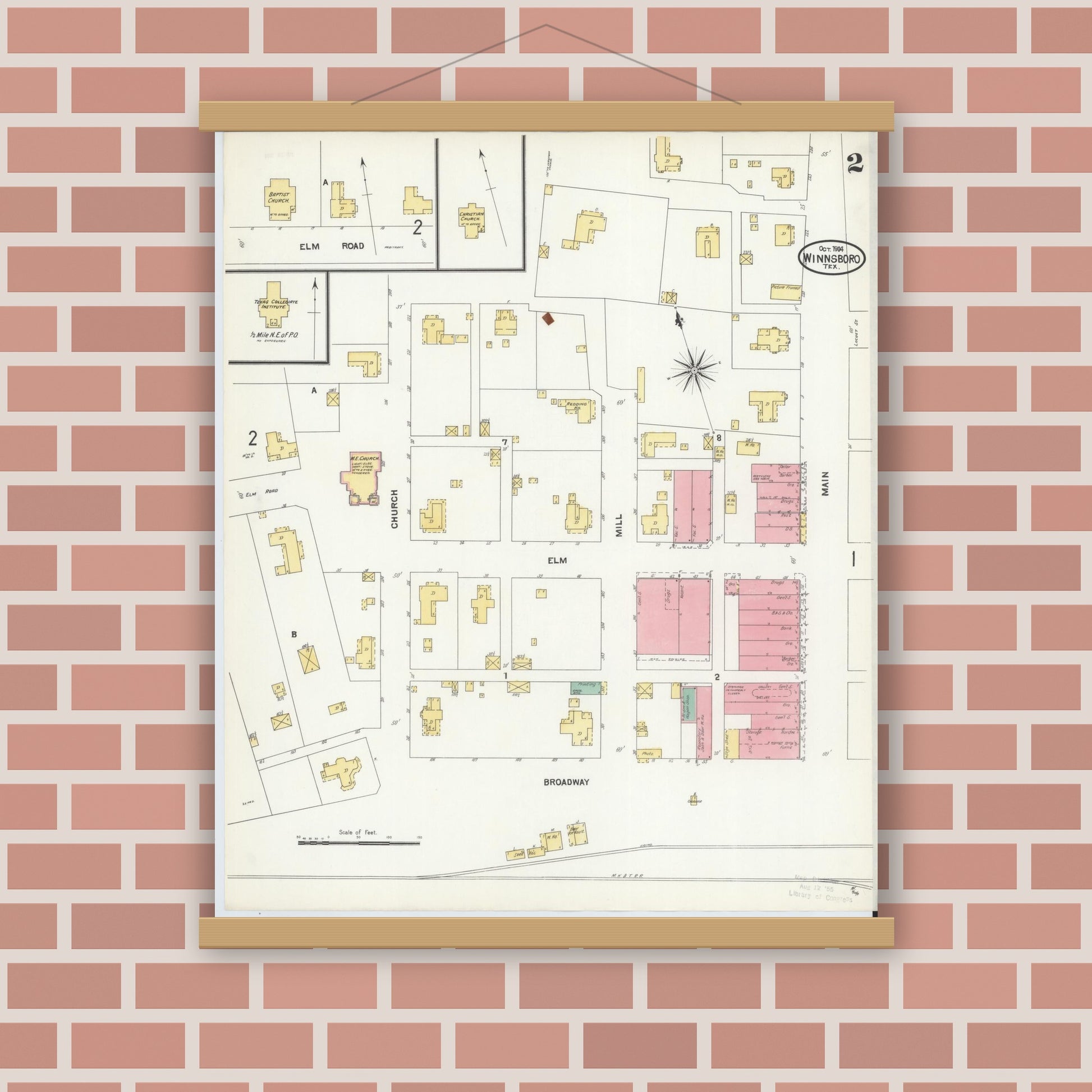 Old map wall art mockup — magnetic wood frame on brick wall — Sanborn Fire Insurance Map from Winnsboro, Wood County, Texas (1904), Sheet #0002