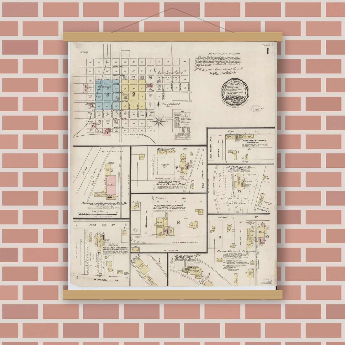 Old map wall art mockup — magnetic wood frame on brick wall — Sanborn Fire Insurance Map from Martinsville, Morgan County, Indiana (1888) - Complete Map Set