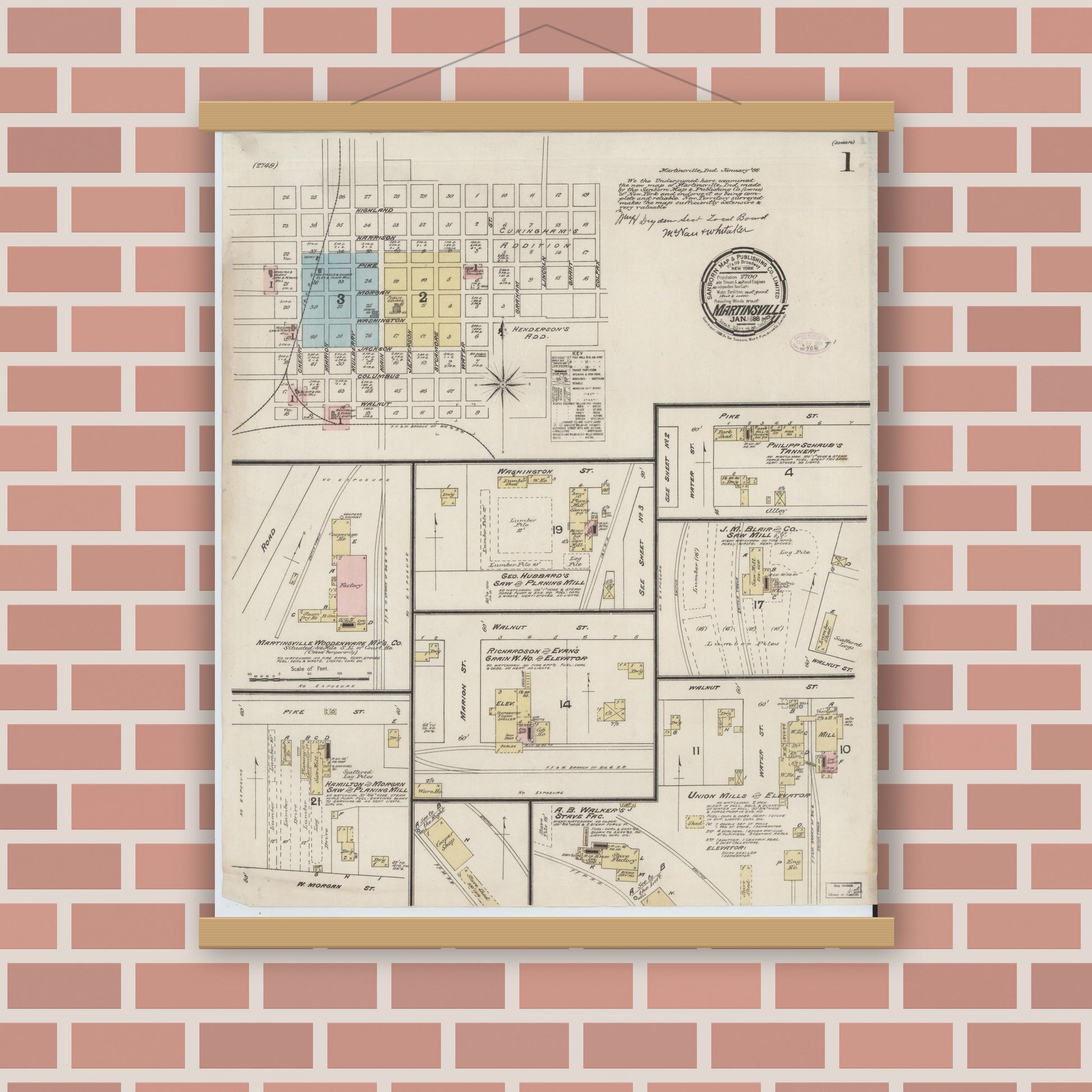 Old map wall art mockup — magnetic wood frame on brick wall — Sanborn Fire Insurance Map from Martinsville, Morgan County, Indiana (1888) - Complete Map Set