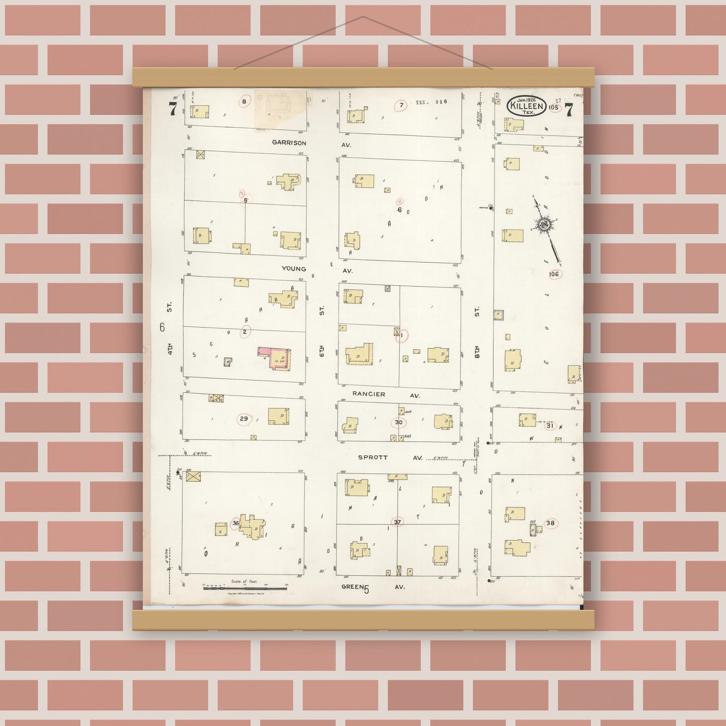 Old map wall art mockup — magnetic wood frame on brick wall — Sanborn Fire Insurance Map from Killeen, Bell County, Texas (1937), Sheet #0007