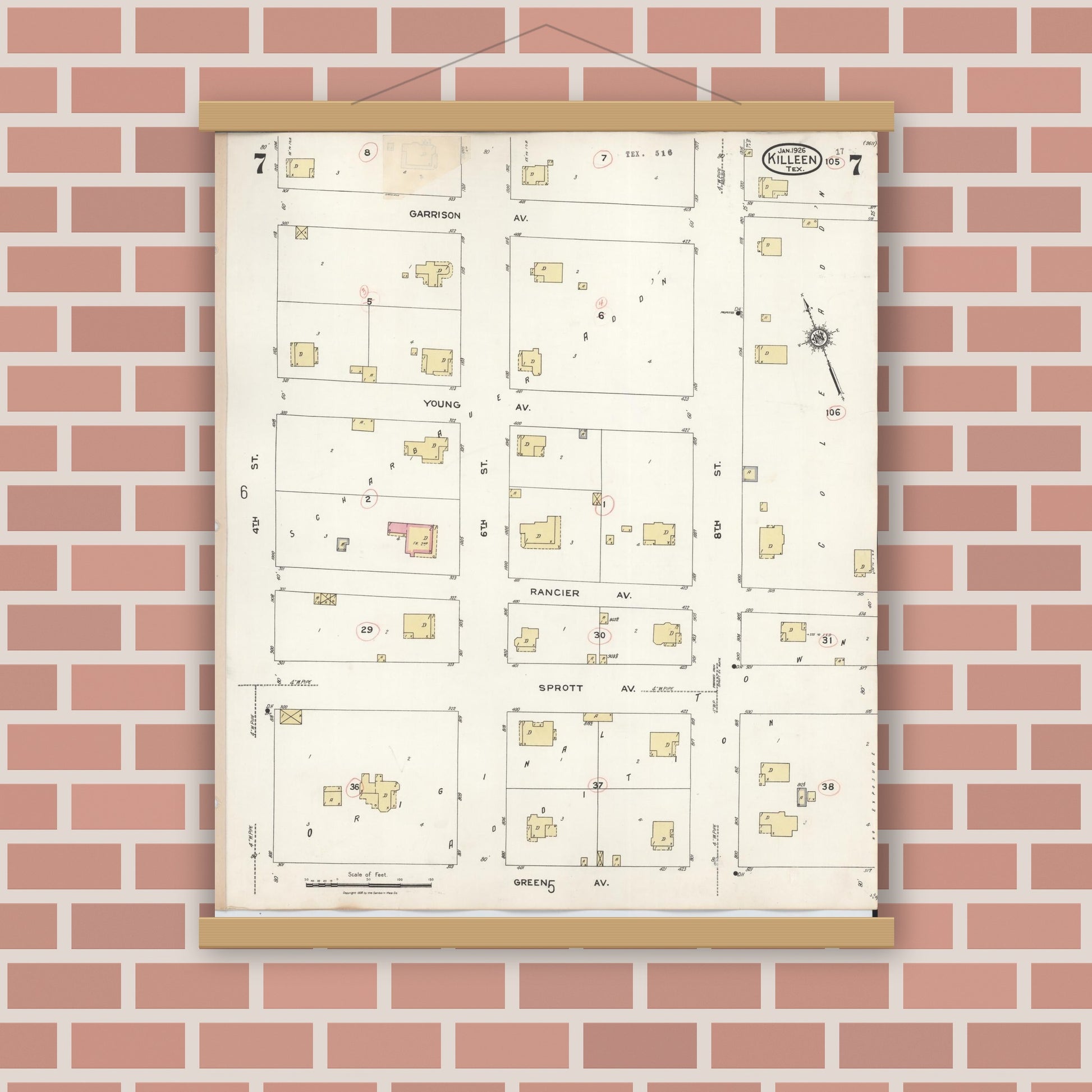 Old map wall art mockup — magnetic wood frame on brick wall — Sanborn Fire Insurance Map from Killeen, Bell County, Texas (1937), Sheet #0007