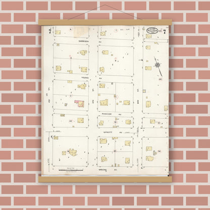 Old map wall art mockup — magnetic wood frame on brick wall — Sanborn Fire Insurance Map from Killeen, Bell County, Texas (1937), Sheet #0007