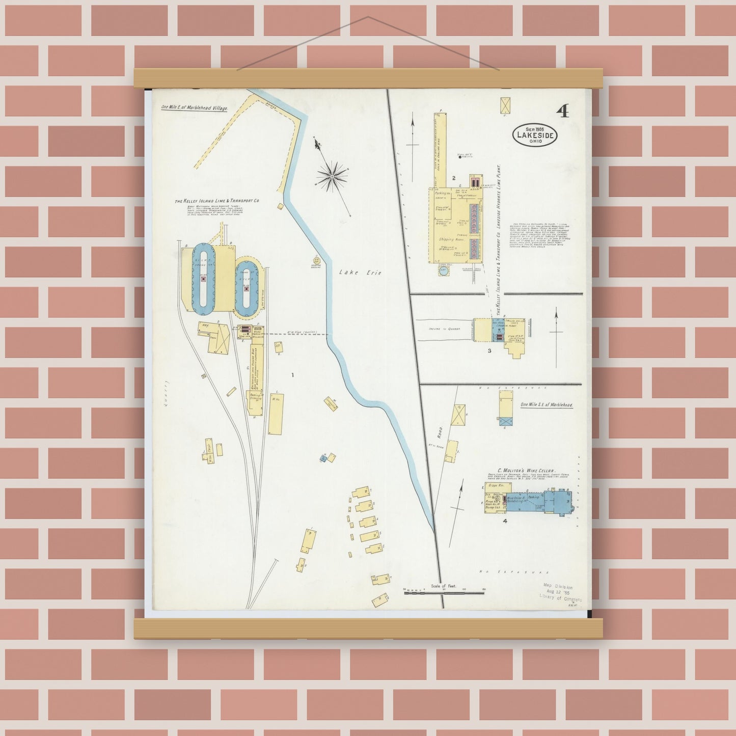 Old map wall art mockup — magnetic wood frame on brick wall — Sanborn Fire Insurance Map from Lakeside, Ottawa County, Ohio (1905), Sheet #0004