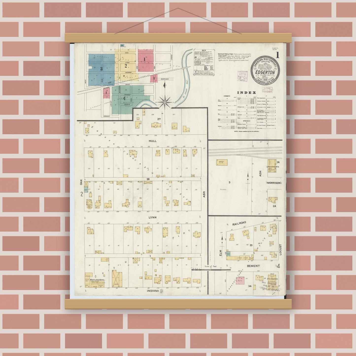 Old map wall art mockup — magnetic wood frame on brick wall — Sanborn Fire Insurance Map from Edgerton, Williams County, Ohio (1908) - Complete Map Set