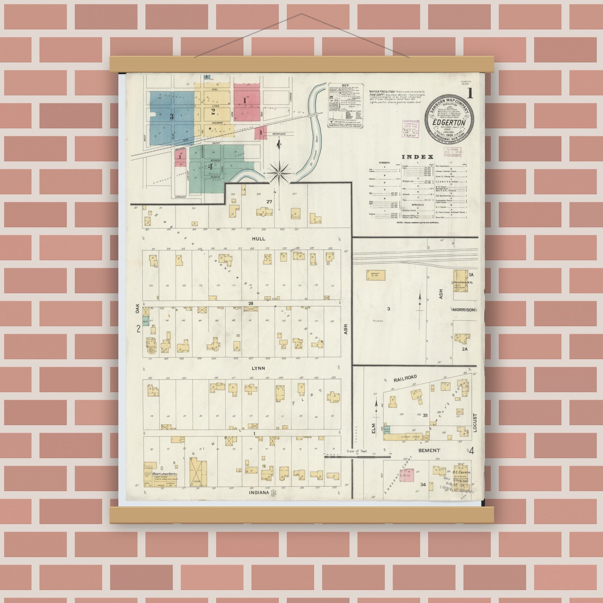 Old map wall art mockup — magnetic wood frame on brick wall — Sanborn Fire Insurance Map from Edgerton, Williams County, Ohio (1908) - Complete Map Set