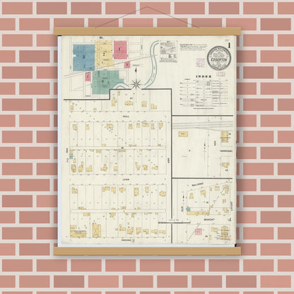 Old map wall art mockup — magnetic wood frame on brick wall — Sanborn Fire Insurance Map from Edgerton, Williams County, Ohio (1908) - Complete Map Set
