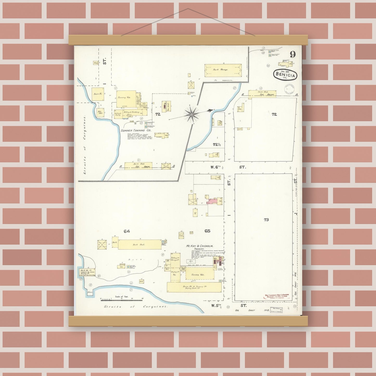 Old map wall art mockup — magnetic wood frame on brick wall — Sanborn Fire Insurance Map from Benicia, Solano County, California (1891), Sheet #0009