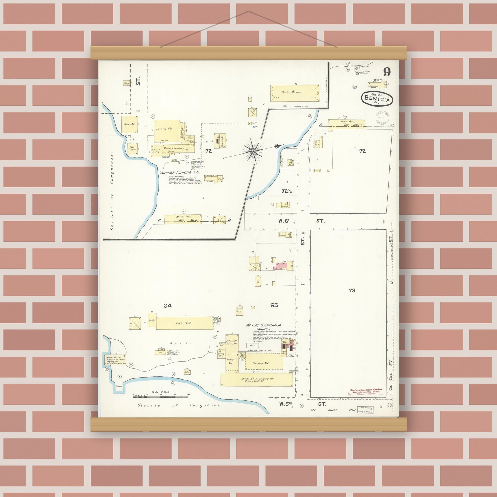 Old map wall art mockup — magnetic wood frame on brick wall — Sanborn Fire Insurance Map from Benicia, Solano County, California (1891), Sheet #0009