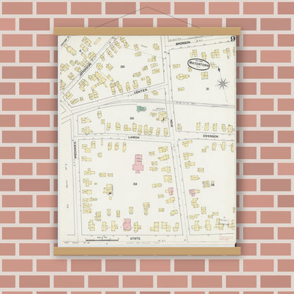Old map wall art mockup — magnetic wood frame on brick wall — Sanborn Fire Insurance Map from Watertown, Jefferson County, New York (1890), Sheet #0009