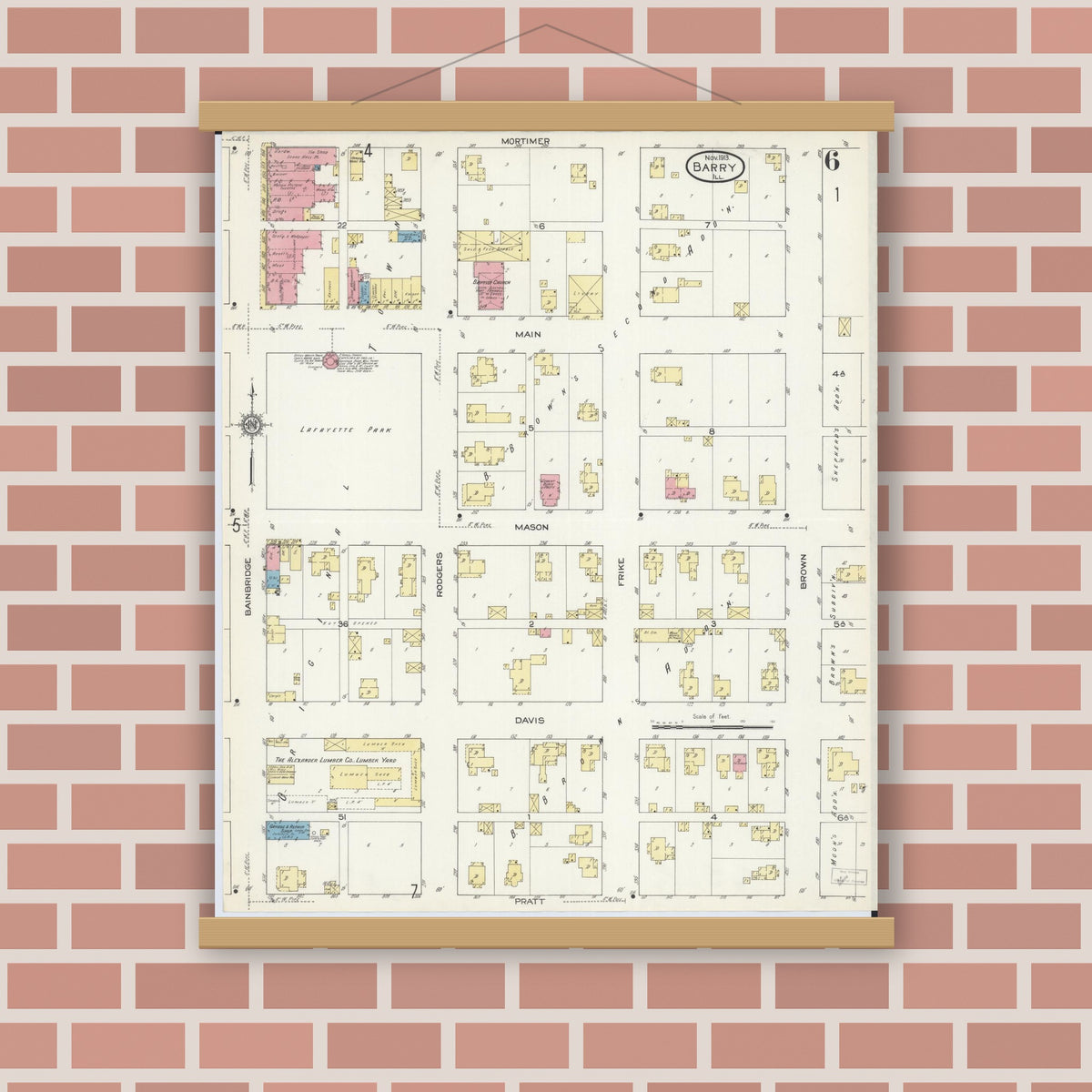 Old map wall art mockup — magnetic wood frame on brick wall — Sanborn Fire Insurance Map from Barry, Pike County, Illinois (1913), Sheet #0006