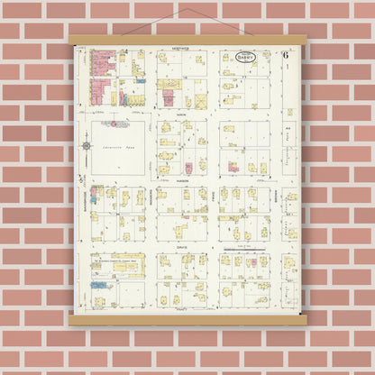 Old map wall art mockup — magnetic wood frame on brick wall — Sanborn Fire Insurance Map from Barry, Pike County, Illinois (1913), Sheet #0006