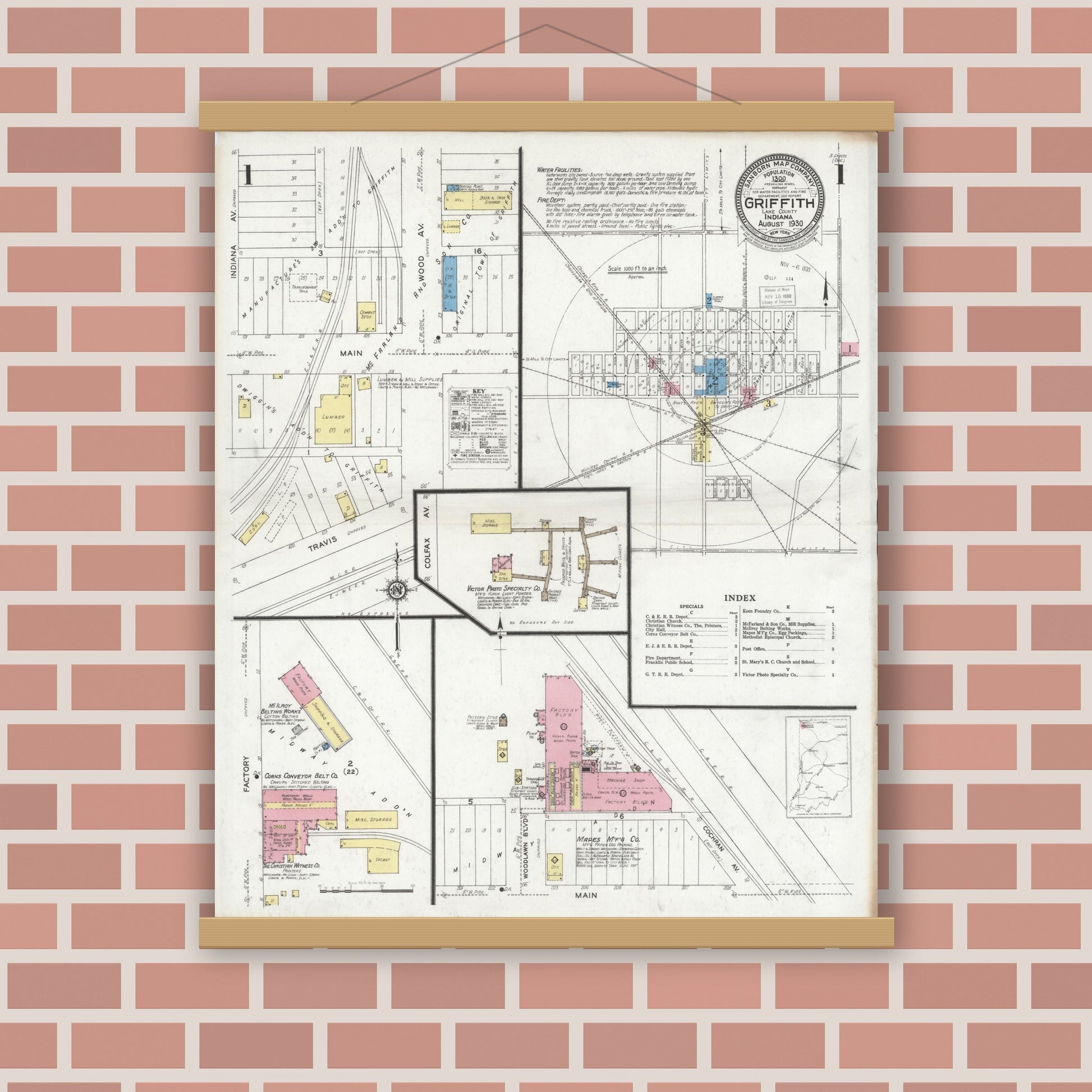 Old map wall art mockup — magnetic wood frame on brick wall — Sanborn Fire Insurance Map from Griffith, Lake County, Indiana (1930) - Complete Map Set