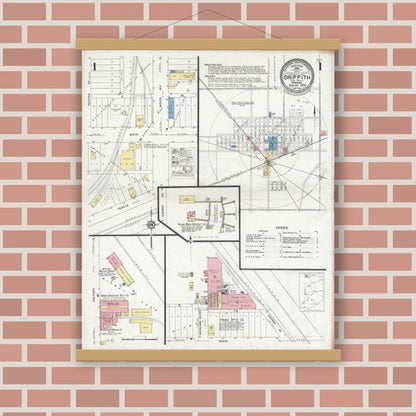 Old map wall art mockup — magnetic wood frame on brick wall — Sanborn Fire Insurance Map from Griffith, Lake County, Indiana (1930) - Complete Map Set