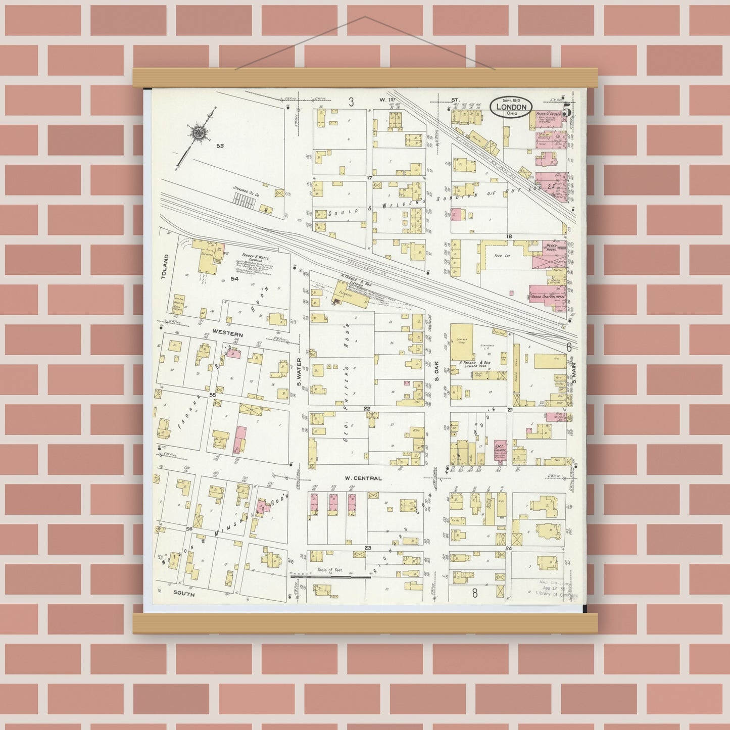 Old map wall art mockup — magnetic wood frame on brick wall — Sanborn Fire Insurance Map from London, Madison County, Ohio (1910), Sheet #0005