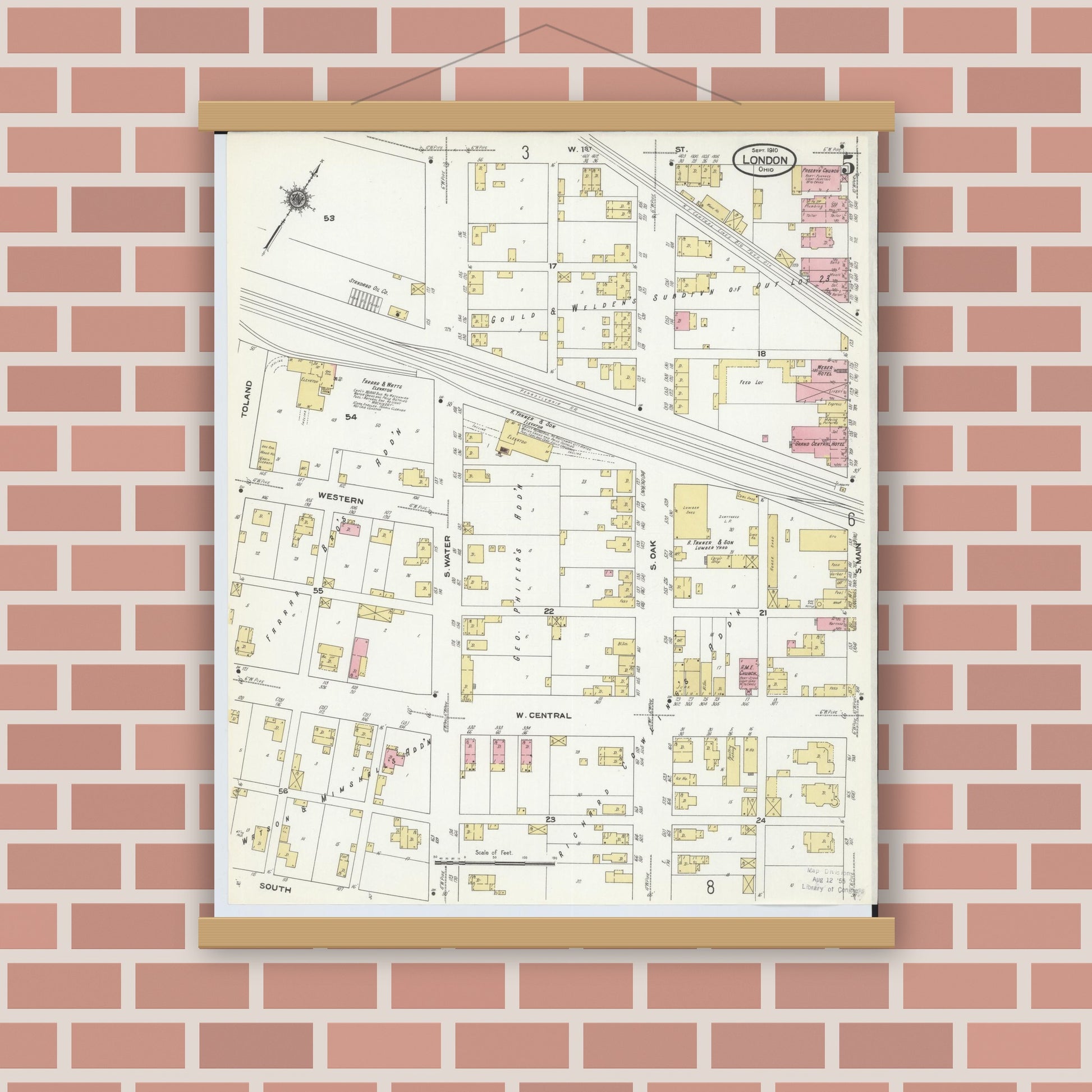 Old map wall art mockup — magnetic wood frame on brick wall — Sanborn Fire Insurance Map from London, Madison County, Ohio (1910), Sheet #0005