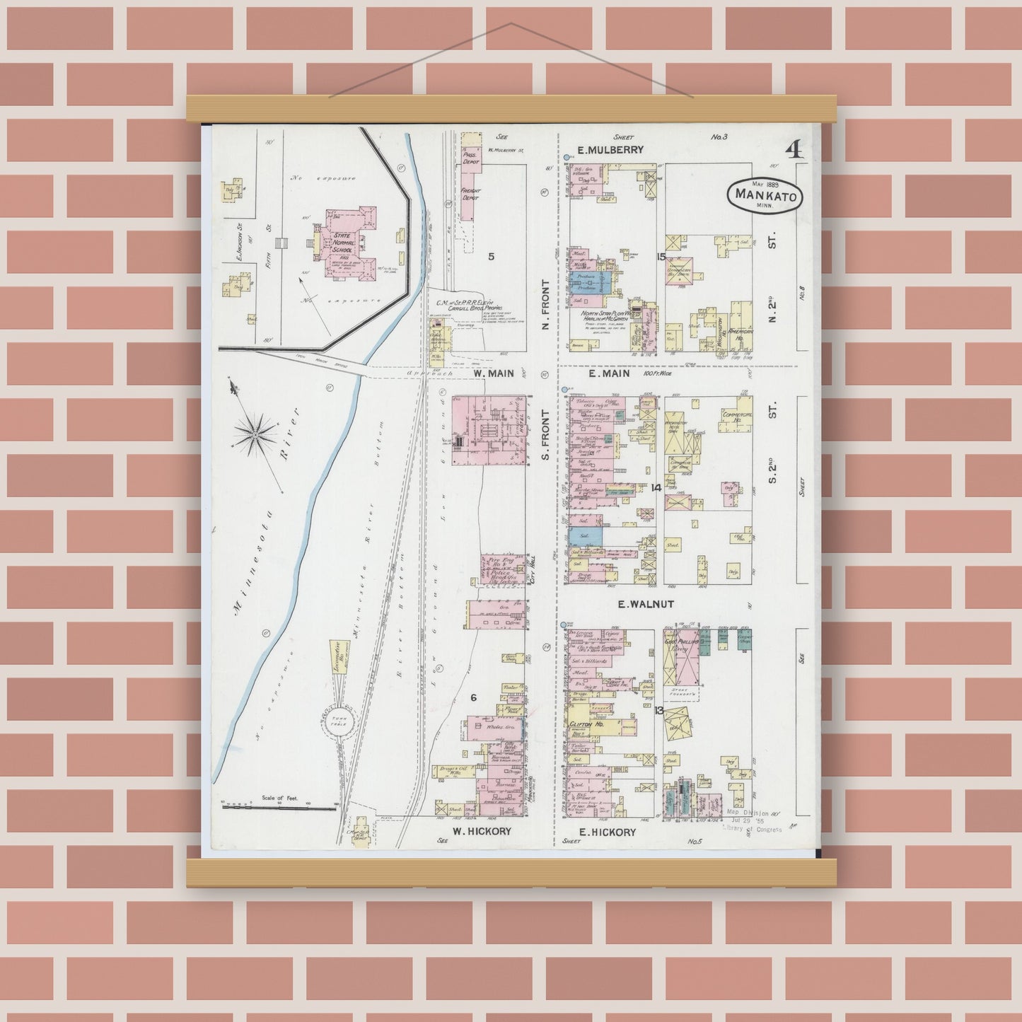 Old map wall art mockup — magnetic wood frame on brick wall — Sanborn Fire Insurance Map from Mankato, Blue Earth County, Minnesota (1889), Sheet #0004