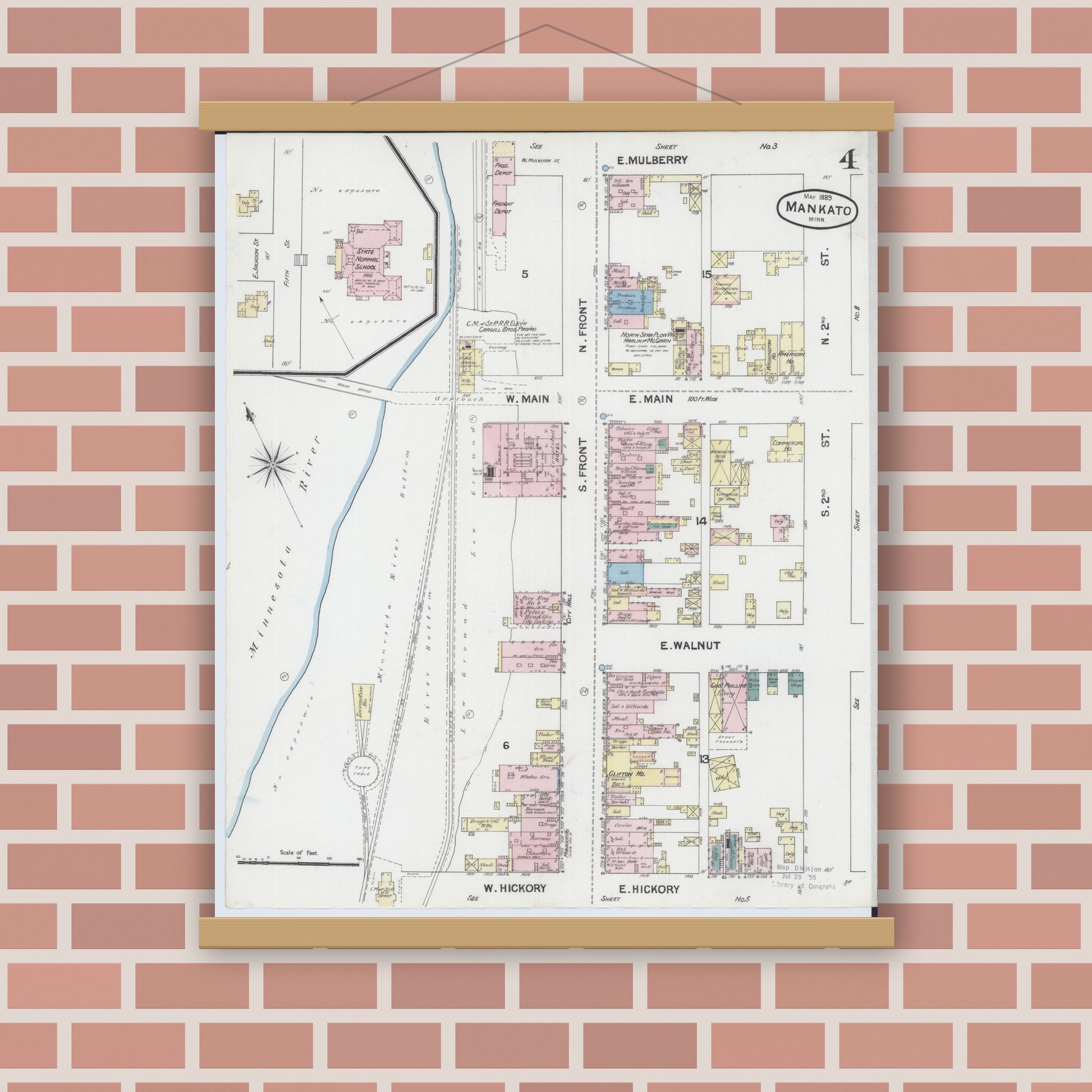 Old map wall art mockup — magnetic wood frame on brick wall — Sanborn Fire Insurance Map from Mankato, Blue Earth County, Minnesota (1889), Sheet #0004