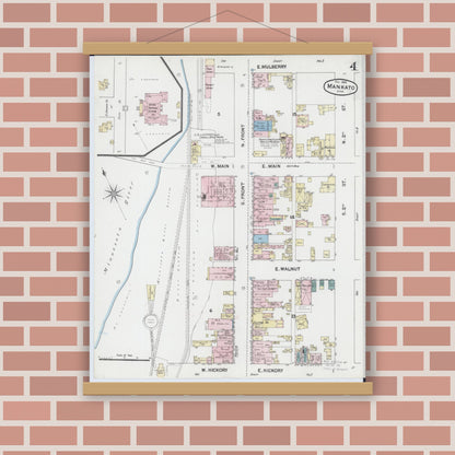 Old map wall art mockup — magnetic wood frame on brick wall — Sanborn Fire Insurance Map from Mankato, Blue Earth County, Minnesota (1889), Sheet #0004