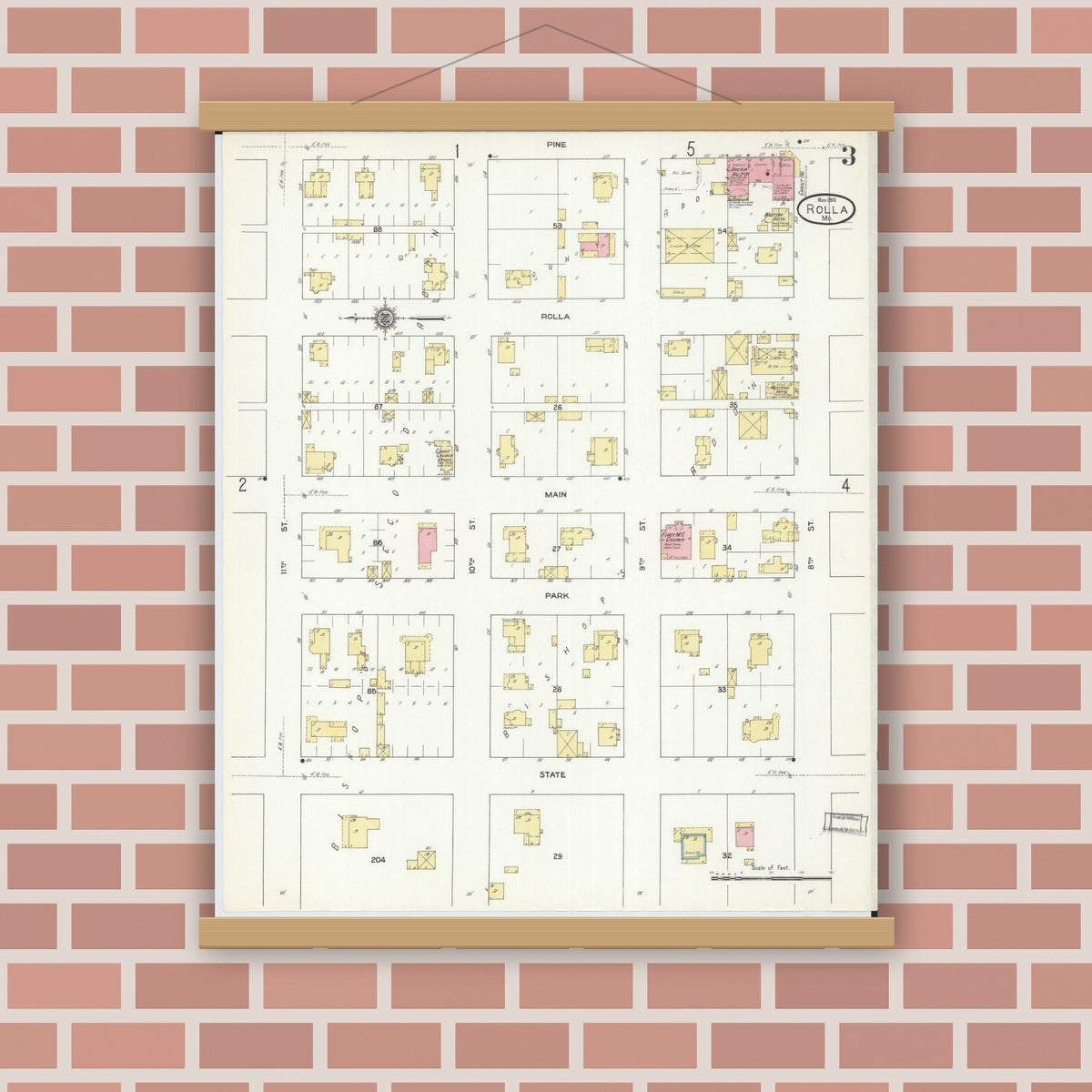 Old map wall art mockup — magnetic wood frame on brick wall — Sanborn Fire Insurance Map from Rolla, Phelps County, Missouri (1910), Sheet #0003