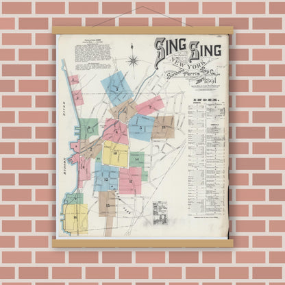Old map wall art mockup — magnetic wood frame on brick wall — Sanborn Fire Insurance Map from Sing Sing, Westchester County, New York (1891), Sheet #0001