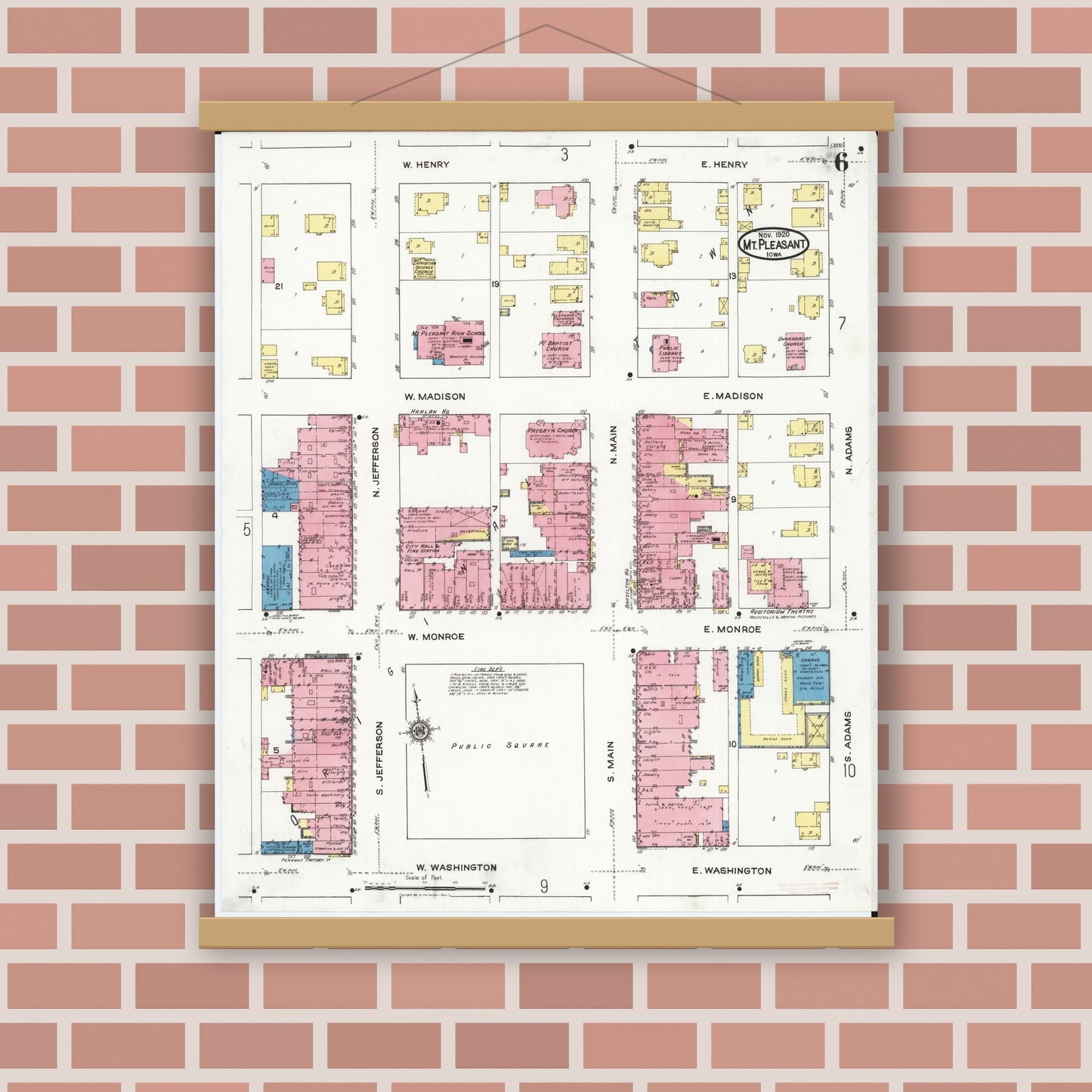 Old map wall art mockup — magnetic wood frame on brick wall — Sanborn Fire Insurance Map from Mount Pleasant, Henry County, Iowa (1920), Sheet #0006