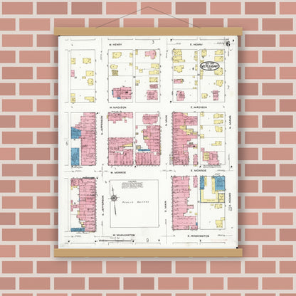 Old map wall art mockup — magnetic wood frame on brick wall — Sanborn Fire Insurance Map from Mount Pleasant, Henry County, Iowa (1920), Sheet #0006