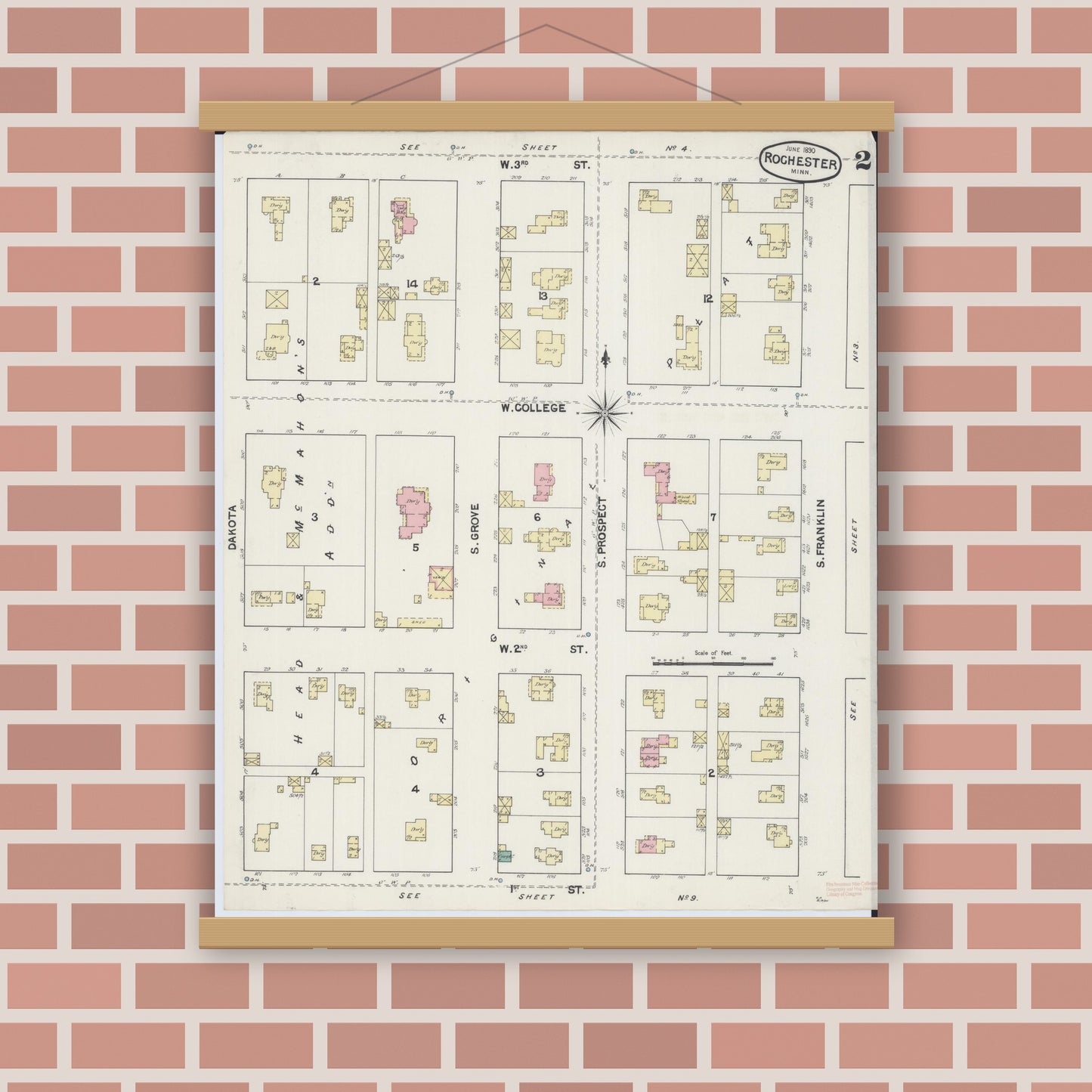 Old map wall art mockup — magnetic wood frame on brick wall — Sanborn Fire Insurance Map from Rochester, Olmsted County, Minnesota (1890), Sheet #0002