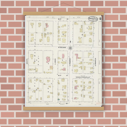 Old map wall art mockup — magnetic wood frame on brick wall — Sanborn Fire Insurance Map from Rochester, Olmsted County, Minnesota (1890), Sheet #0002