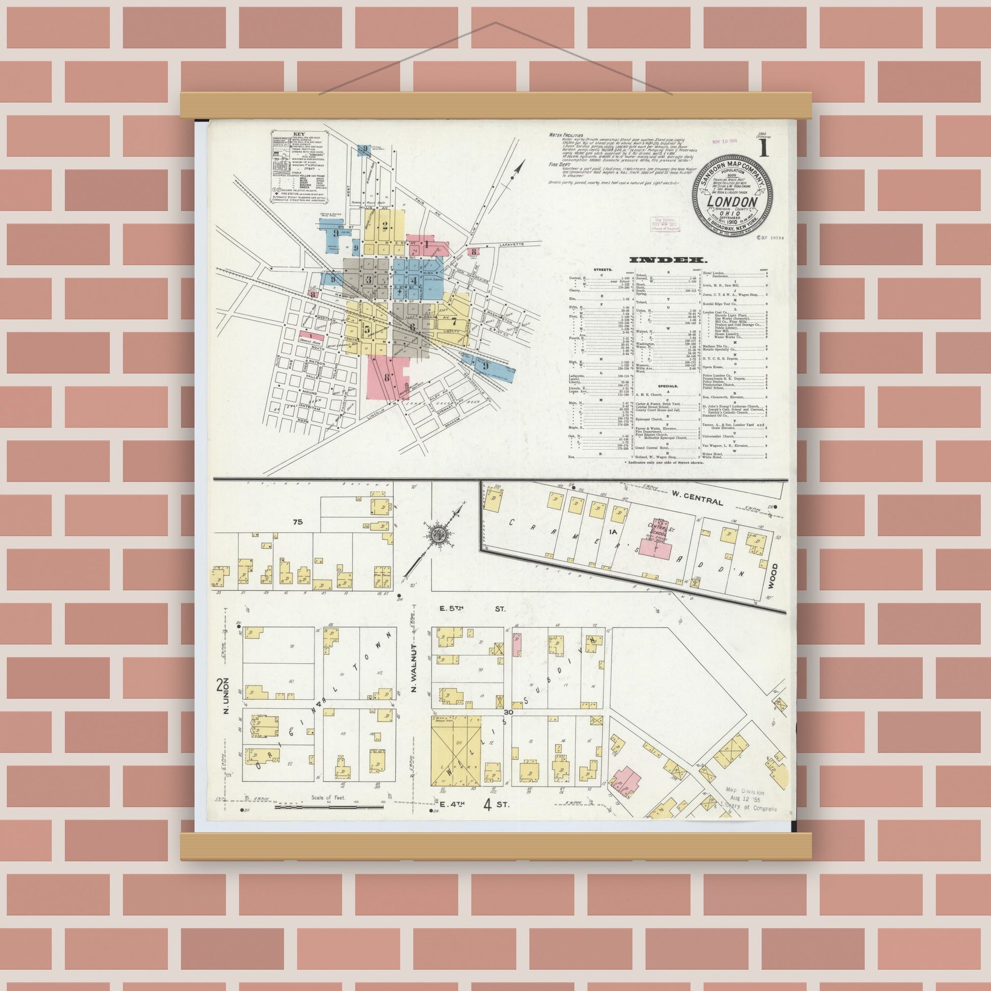 Old map wall art mockup — magnetic wood frame on brick wall — Sanborn Fire Insurance Map from London, Madison County, Ohio (1910), Sheet #0001