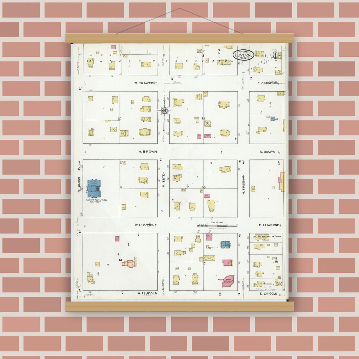 Old map wall art mockup — magnetic wood frame on brick wall — Sanborn Fire Insurance Map from Luverne, Rock County, Minnesota (1921), Sheet #0004