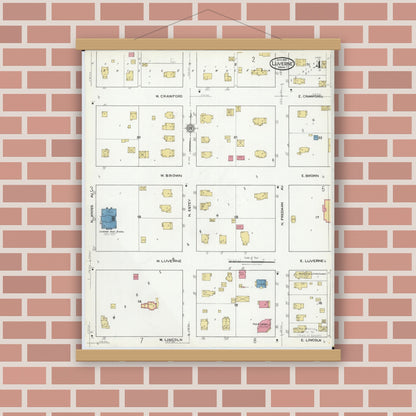 Old map wall art mockup — magnetic wood frame on brick wall — Sanborn Fire Insurance Map from Luverne, Rock County, Minnesota (1921), Sheet #0004