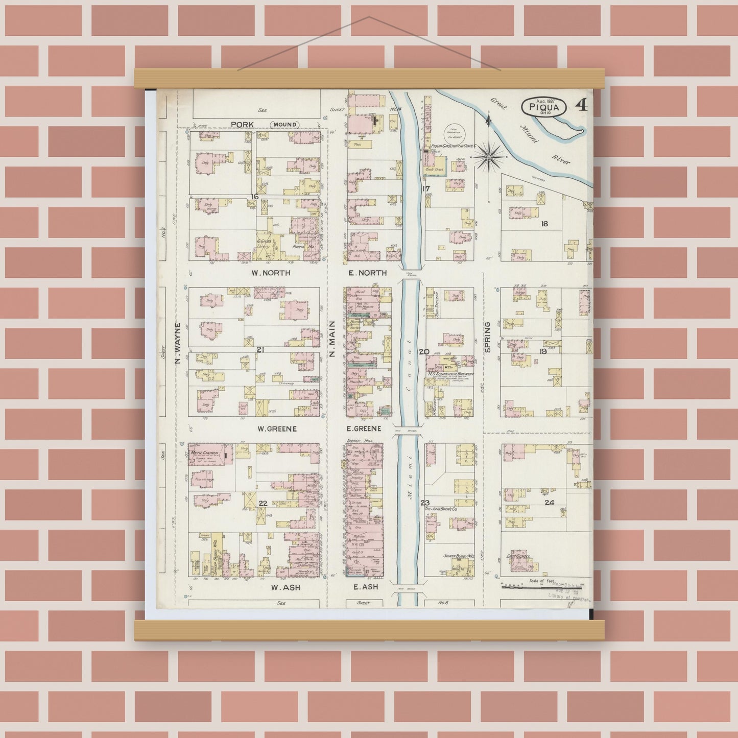 Old map wall art mockup — magnetic wood frame on brick wall — Sanborn Fire Insurance Map from Piqua, Miami County, Ohio (1887), Sheet #0004